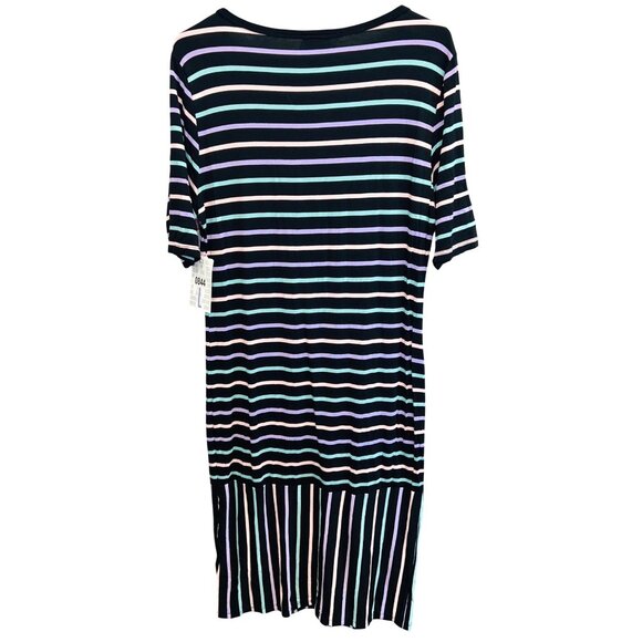 LuLaRoe Julia Striped Dress Large Black Multicolor Short Sleeve Stretchy Knit - Picture 2 of 5
